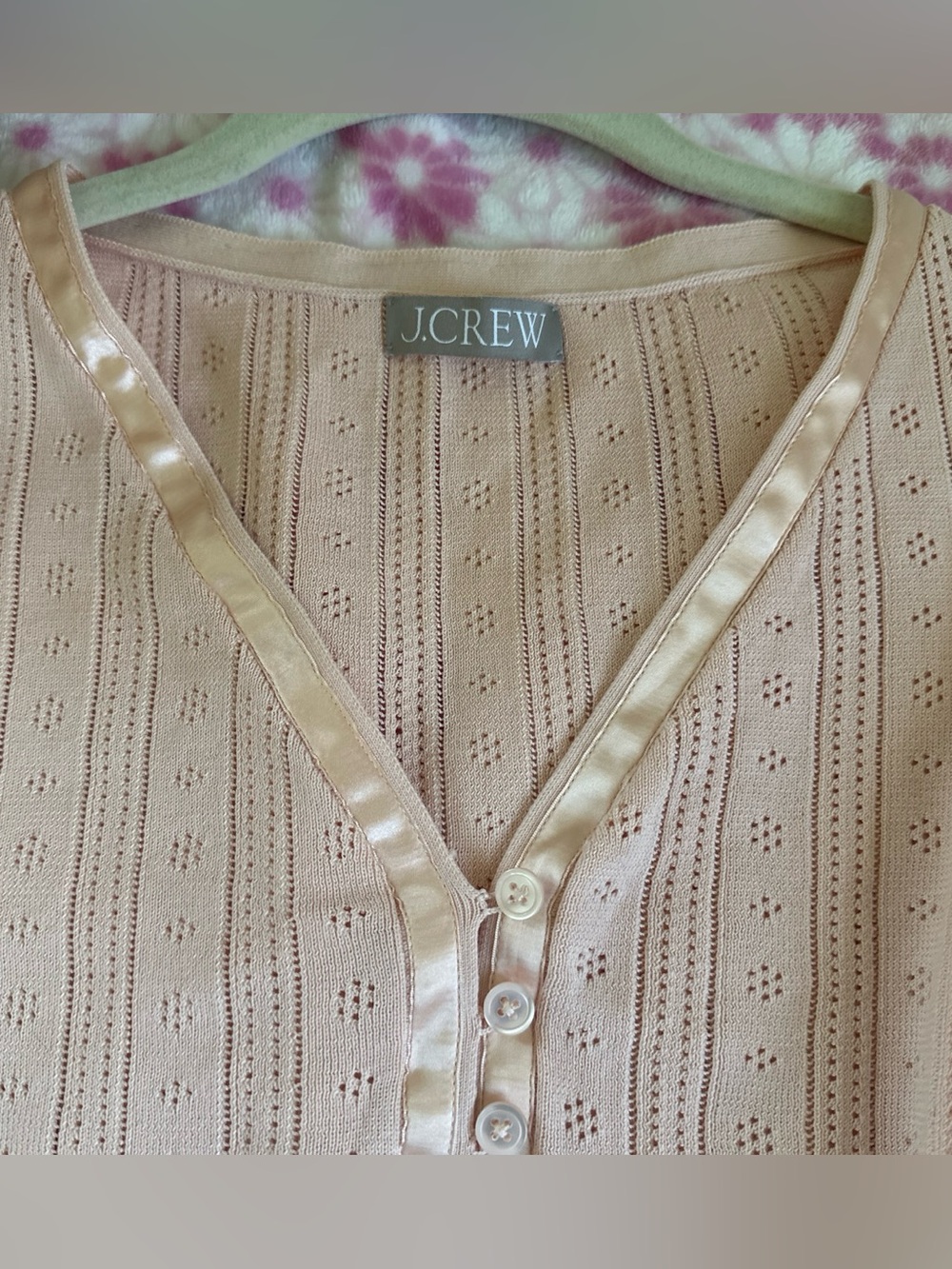 J. Crew Soft Pink Pointelle Satin-Trim Cardigan - Picture 3 of 3